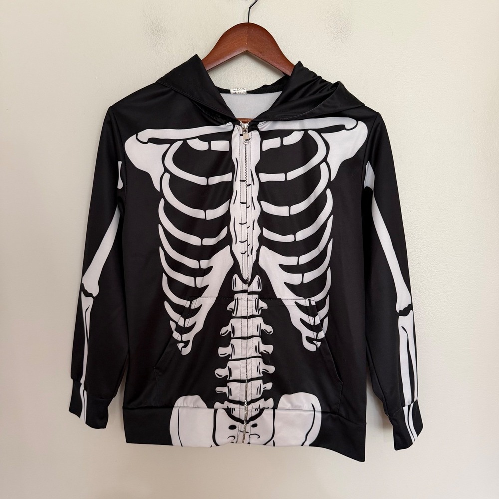 Black Skeleton Zip Up Hoodie Graphic Print Youth Large Goth Punk Halloween